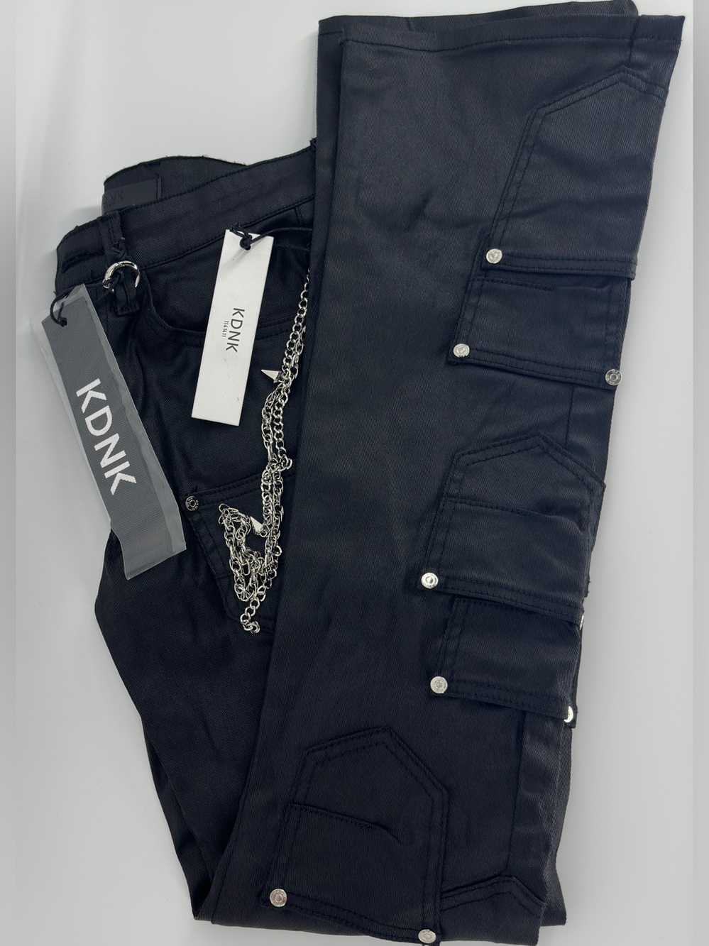 NWT KDNK Black Waxed Skinny Flare Cargo Jeans 28